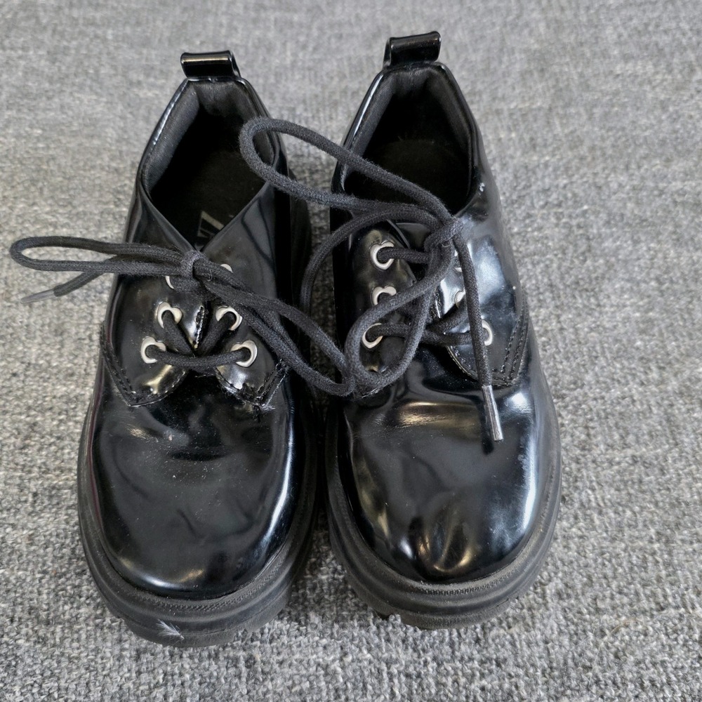 Zara Toddler Shoes EU 24 Black Patent Look Oxford Lace Up Chunky Lug Sole 6515